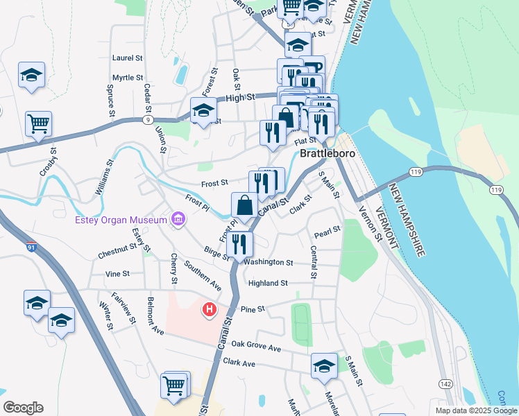 map of restaurants, bars, coffee shops, grocery stores, and more near 60 Elm Street in Brattleboro