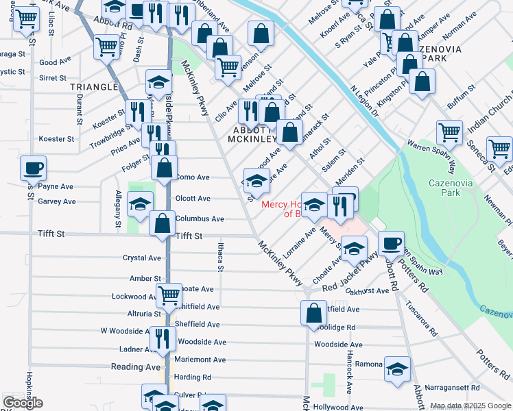map of restaurants, bars, coffee shops, grocery stores, and more near 601 McKinley Parkway in Buffalo