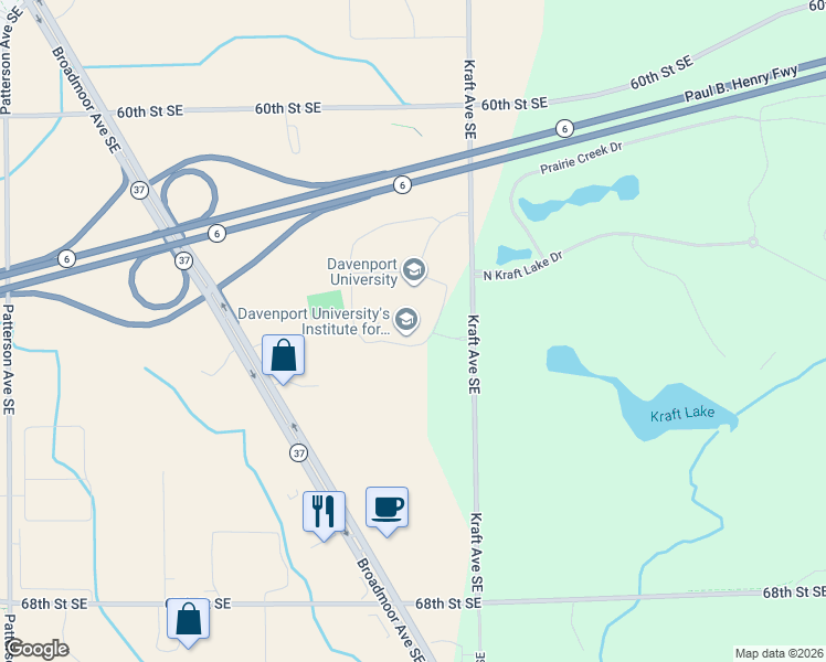 map of restaurants, bars, coffee shops, grocery stores, and more near 6191 Kraft Avenue Southeast in Grand Rapids