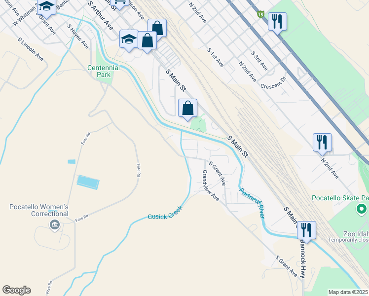 map of restaurants, bars, coffee shops, grocery stores, and more near 1800 South Grant Avenue in Pocatello