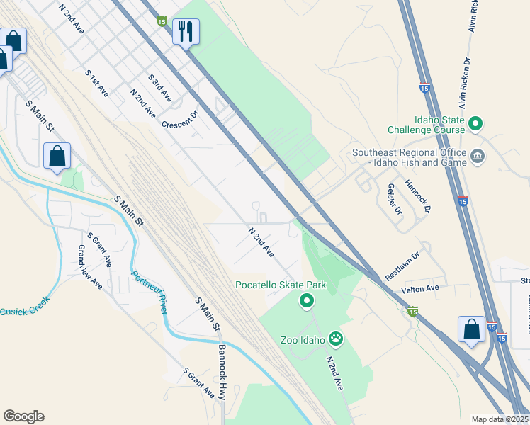 map of restaurants, bars, coffee shops, grocery stores, and more near 2227 South 4th Avenue in Pocatello