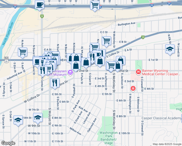 map of restaurants, bars, coffee shops, grocery stores, and more near 705 East 2nd Street in Casper
