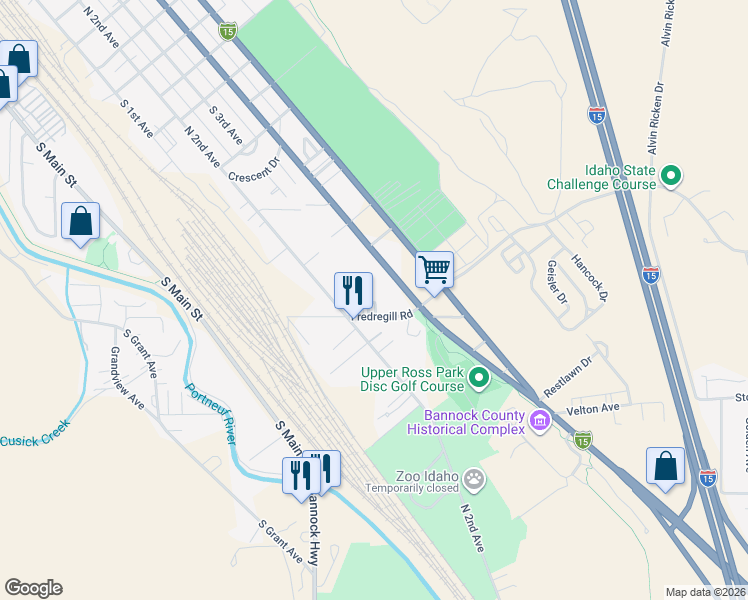 map of restaurants, bars, coffee shops, grocery stores, and more near 324 Fredregill Road in Pocatello