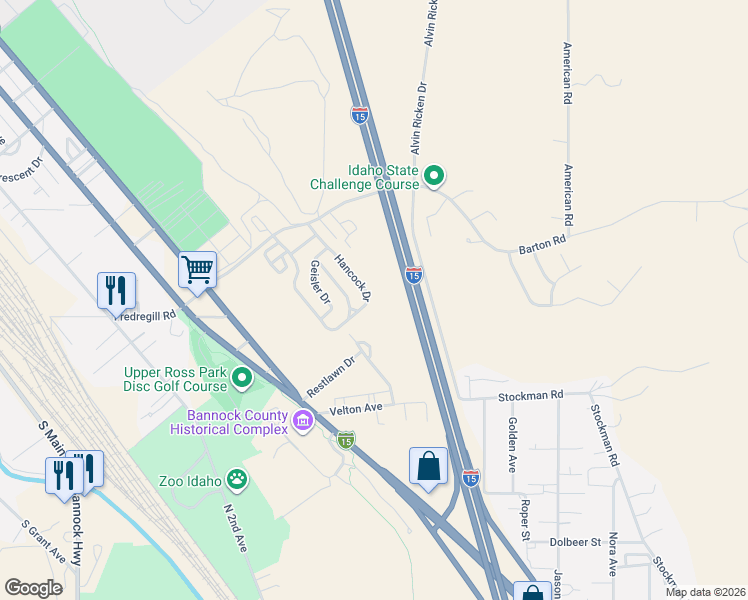 map of restaurants, bars, coffee shops, grocery stores, and more near Veterans Memorial Hwy in Pocatello