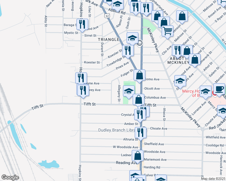 map of restaurants, bars, coffee shops, grocery stores, and more near 51 Folger Street in Buffalo