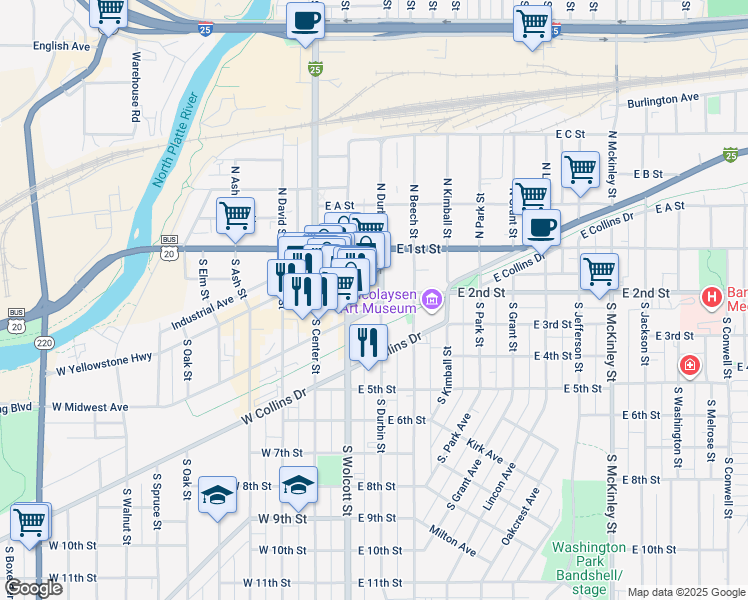 map of restaurants, bars, coffee shops, grocery stores, and more near 228 East 2nd Street in Casper