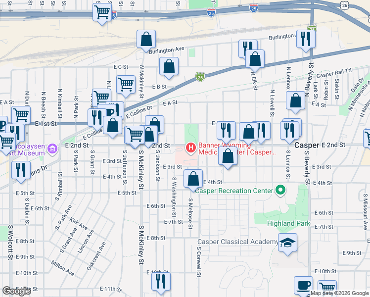 map of restaurants, bars, coffee shops, grocery stores, and more near 1203 East 2nd Street in Casper