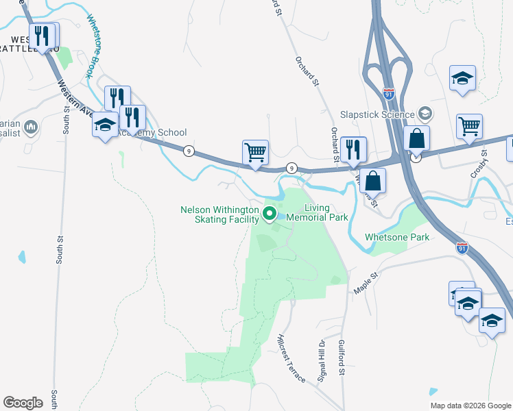 map of restaurants, bars, coffee shops, grocery stores, and more near 16 Robin Way in West Brattleboro
