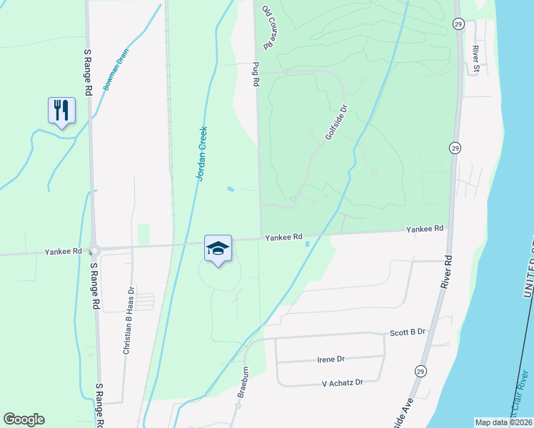 map of restaurants, bars, coffee shops, grocery stores, and more near 2 Golfside Drive in Saint Clair