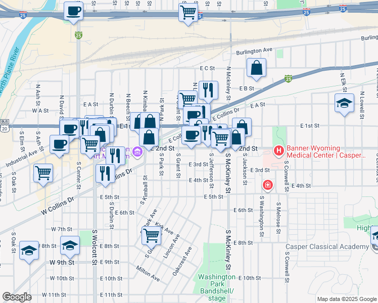 map of restaurants, bars, coffee shops, grocery stores, and more near 100-198 S Lincoln St in Casper
