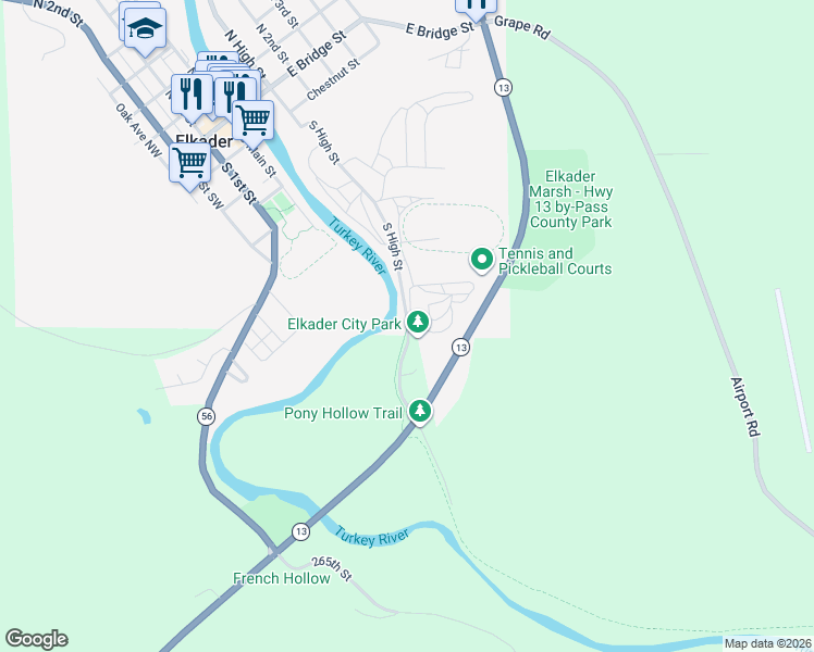 map of restaurants, bars, coffee shops, grocery stores, and more near Pony Hollow Trail in Elkader