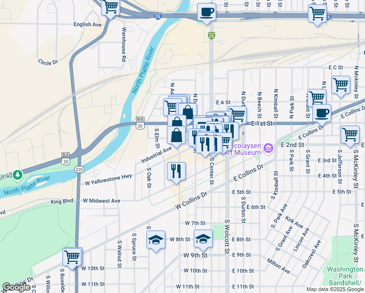 map of restaurants, bars, coffee shops, grocery stores, and more near 230 West Yellowstone Highway in Casper