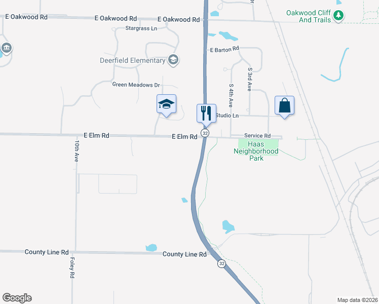 map of restaurants, bars, coffee shops, grocery stores, and more near 3971 East Elm Road in Oak Creek