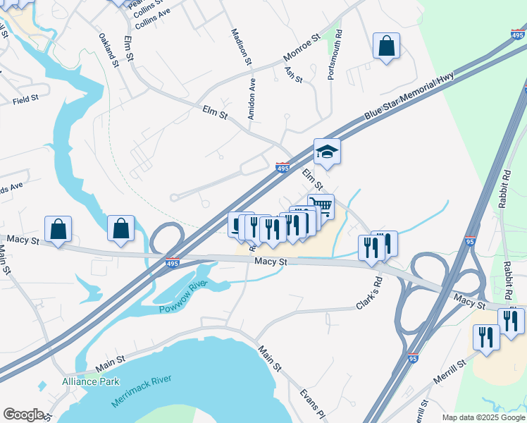 map of restaurants, bars, coffee shops, grocery stores, and more near 36A Rocky Hill Road in Amesbury