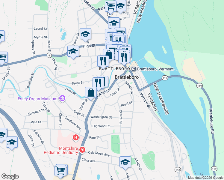 map of restaurants, bars, coffee shops, grocery stores, and more near 64 Canal Street in Brattleboro