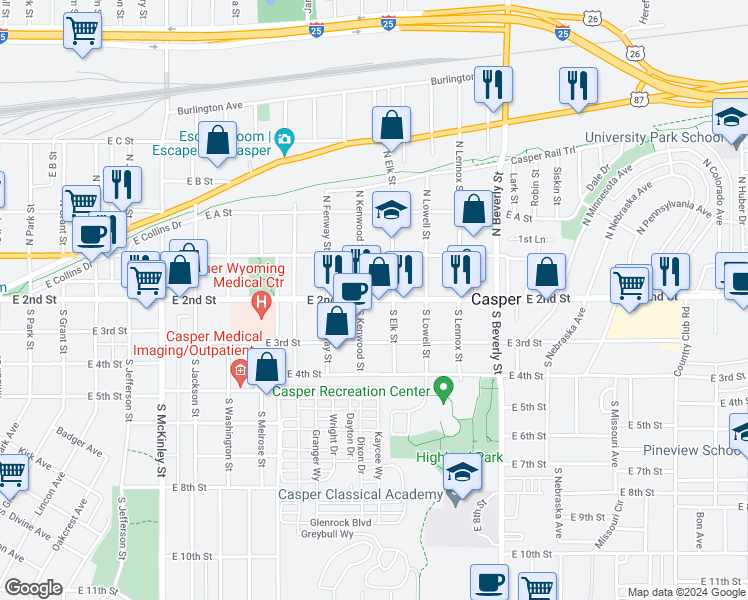 map of restaurants, bars, coffee shops, grocery stores, and more near 1617 East 2nd Street in Casper