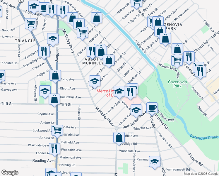 map of restaurants, bars, coffee shops, grocery stores, and more near 215 Columbus Avenue in Buffalo