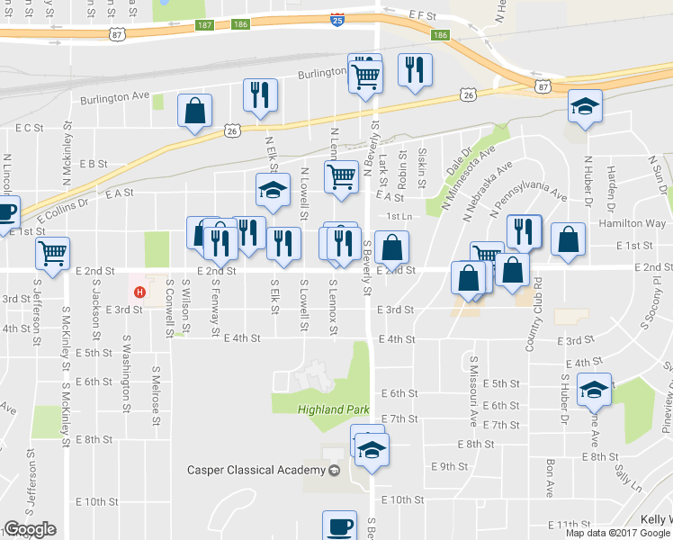 map of restaurants, bars, coffee shops, grocery stores, and more near 1905 E 2nd St in Casper