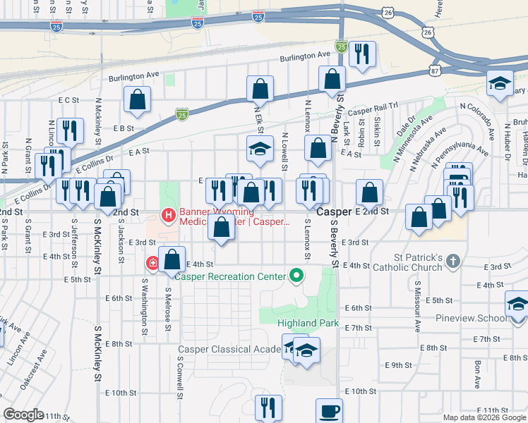 map of restaurants, bars, coffee shops, grocery stores, and more near 1705 E 2nd St in Casper