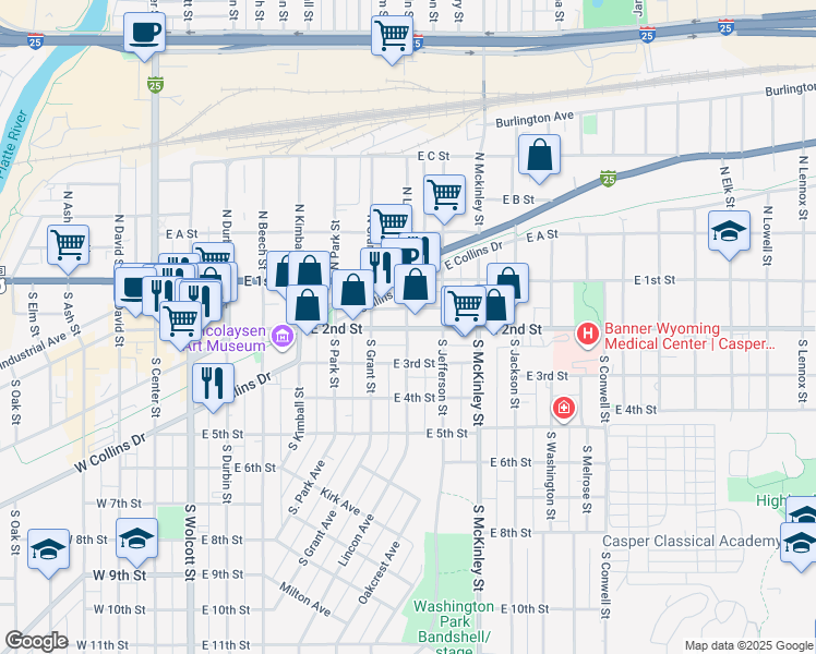 map of restaurants, bars, coffee shops, grocery stores, and more near 198 S Lincoln St in Casper