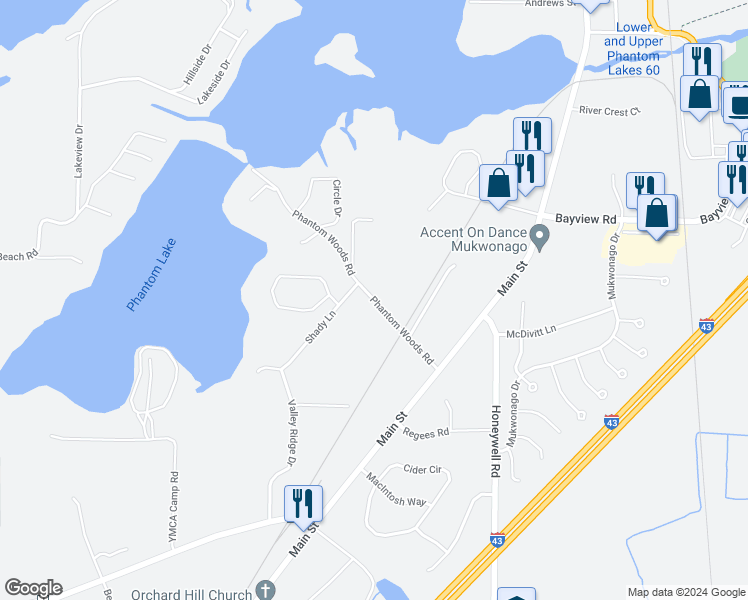map of restaurants, bars, coffee shops, grocery stores, and more near 10766 Phantom Woods Road in Mukwonago