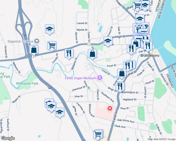 map of restaurants, bars, coffee shops, grocery stores, and more near 45 Baker Street in Brattleboro