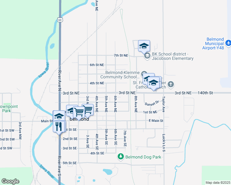 map of restaurants, bars, coffee shops, grocery stores, and more near 701 3rd Street Northeast in Belmond