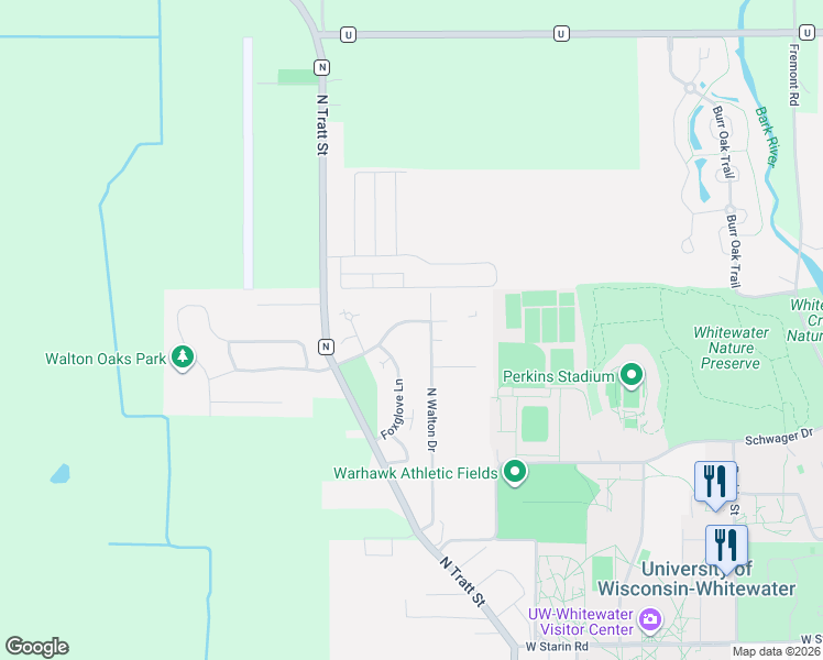 map of restaurants, bars, coffee shops, grocery stores, and more near 1123 Bloomingfield Drive in Whitewater