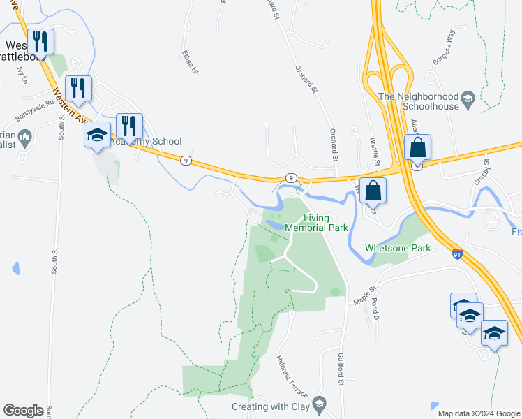 map of restaurants, bars, coffee shops, grocery stores, and more near 16 Robin Way in West Brattleboro