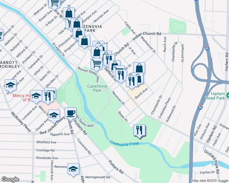 map of restaurants, bars, coffee shops, grocery stores, and more near 111 Newman Place in Buffalo
