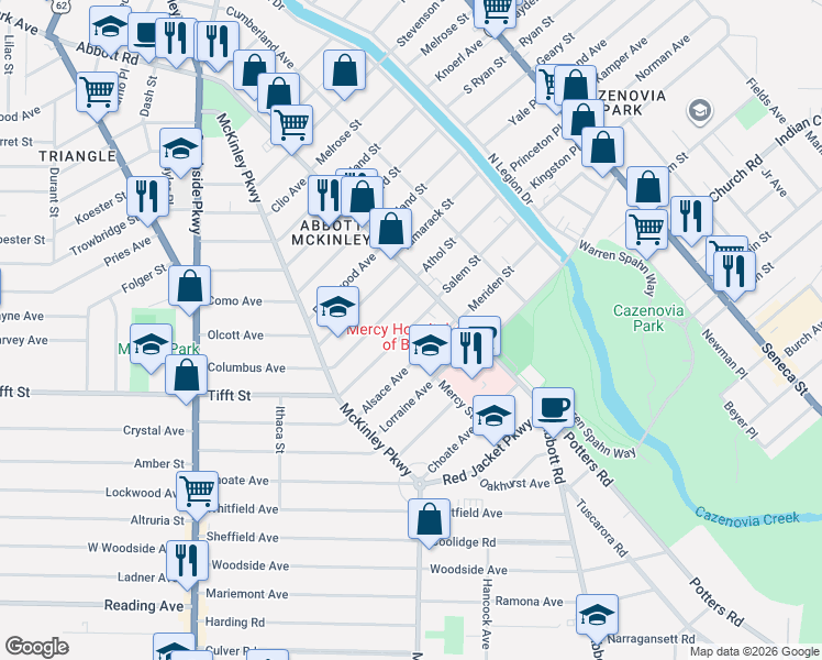 map of restaurants, bars, coffee shops, grocery stores, and more near 215 Columbus Avenue in Buffalo