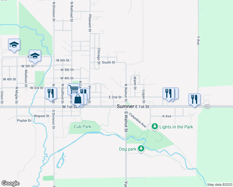 map of restaurants, bars, coffee shops, grocery stores, and more near 409 Oak Street in Sumner