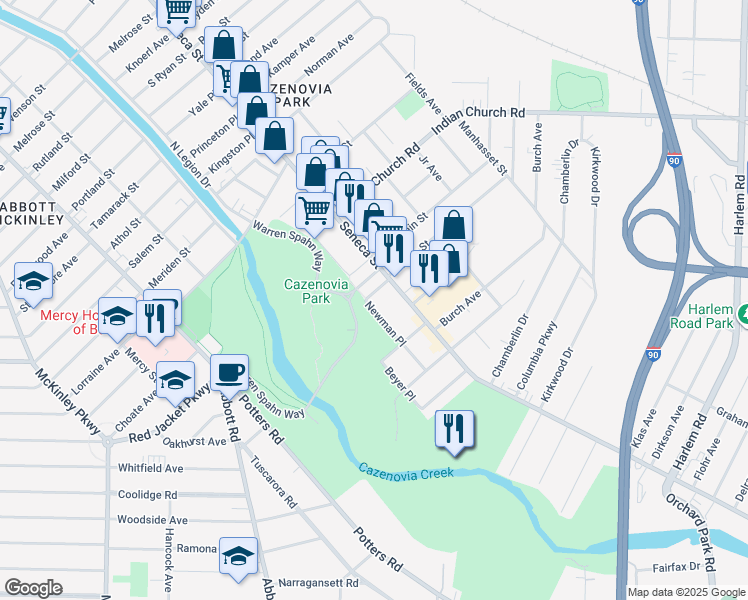 map of restaurants, bars, coffee shops, grocery stores, and more near 111 Newman Place in Buffalo