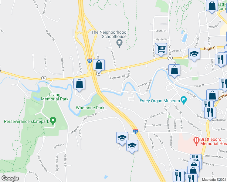 map of restaurants, bars, coffee shops, grocery stores, and more near 311 Williams St in Brattleboro