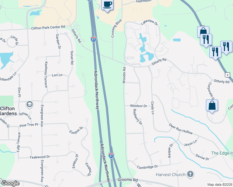map of restaurants, bars, coffee shops, grocery stores, and more near 220 Woodin Road in Saratoga County
