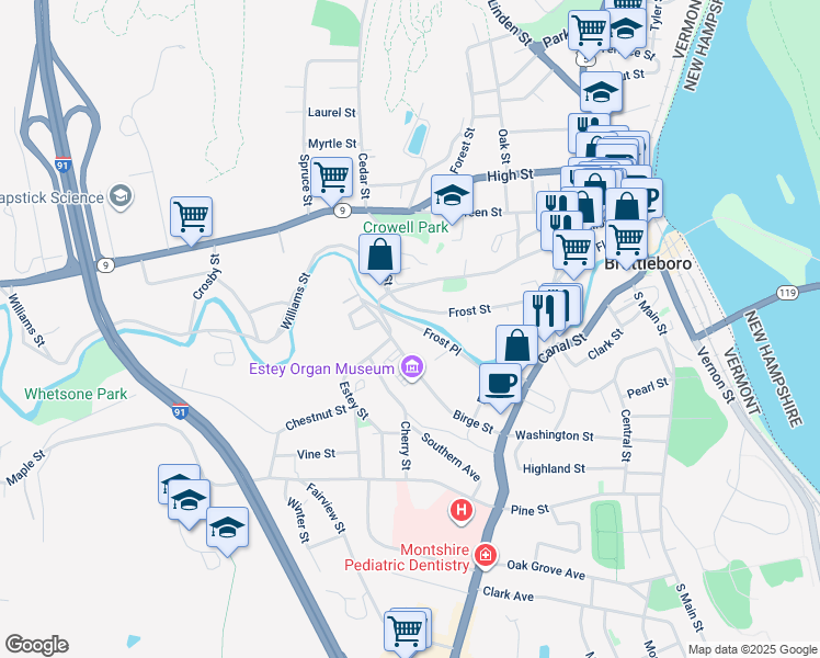 map of restaurants, bars, coffee shops, grocery stores, and more near 33 Frost Place in Brattleboro
