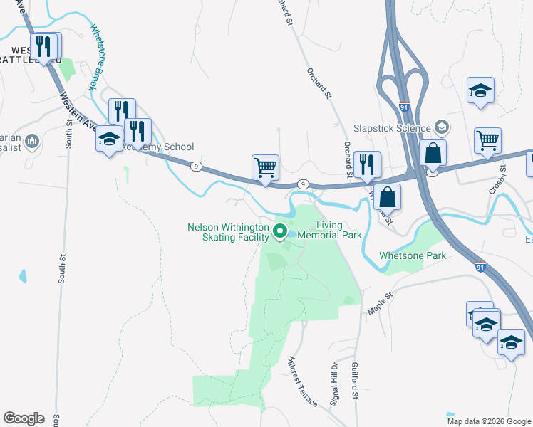 map of restaurants, bars, coffee shops, grocery stores, and more near 16 Robin Way in West Brattleboro