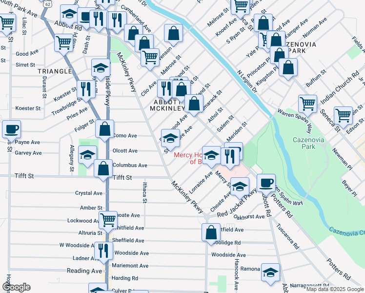map of restaurants, bars, coffee shops, grocery stores, and more near 39 Strathmore Avenue in Buffalo