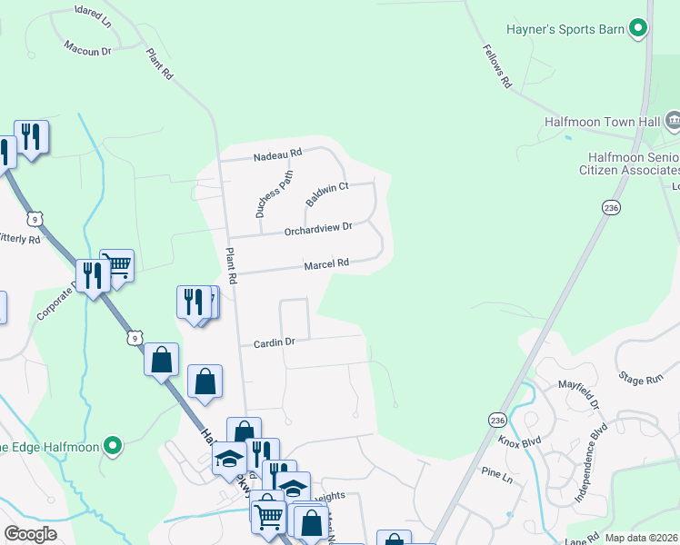 map of restaurants, bars, coffee shops, grocery stores, and more near 22 Marcel Road in Saratoga County