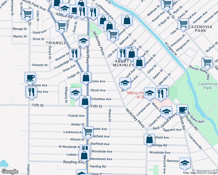 map of restaurants, bars, coffee shops, grocery stores, and more near 70 Olcott Avenue in Buffalo