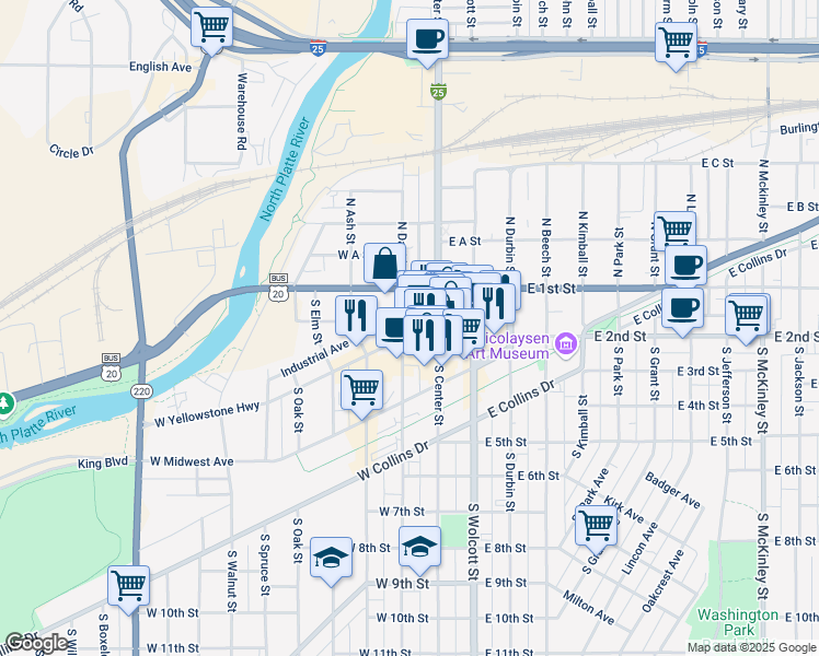 map of restaurants, bars, coffee shops, grocery stores, and more near in Casper