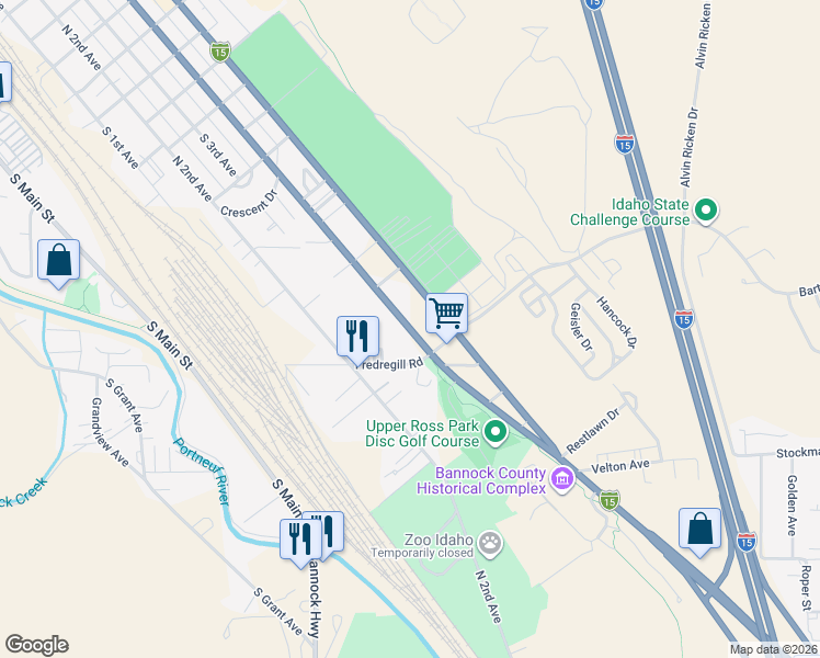map of restaurants, bars, coffee shops, grocery stores, and more near 2219 South 4th Avenue in Pocatello
