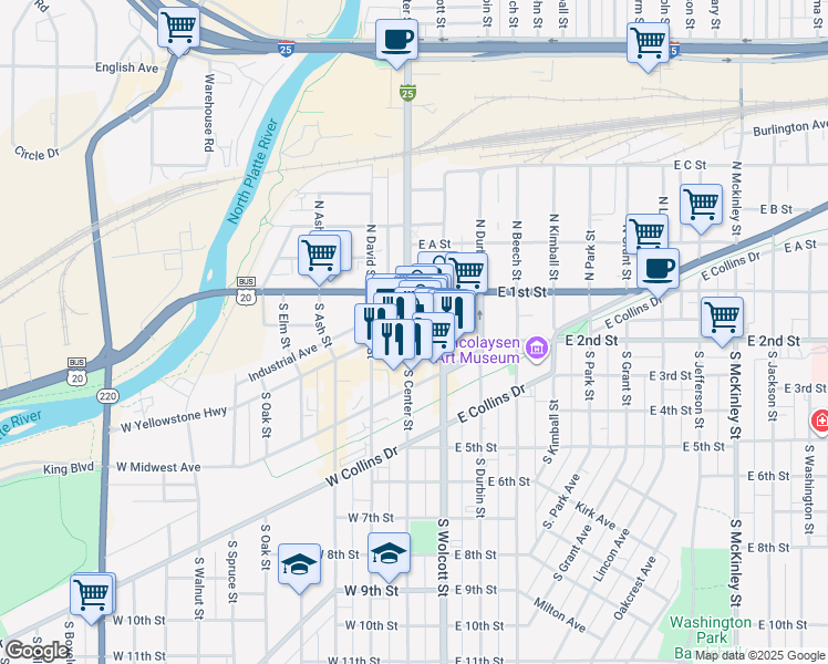 map of restaurants, bars, coffee shops, grocery stores, and more near 102 East 2nd Street in Casper