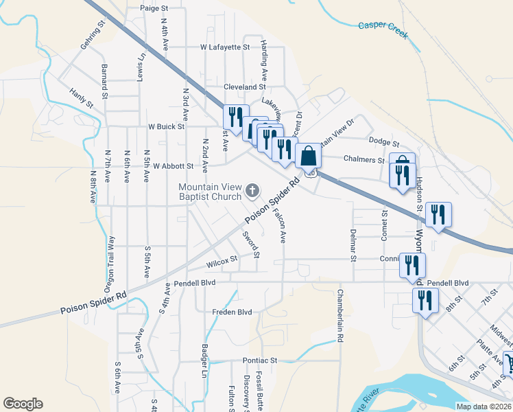 map of restaurants, bars, coffee shops, grocery stores, and more near Massk Way in Mills