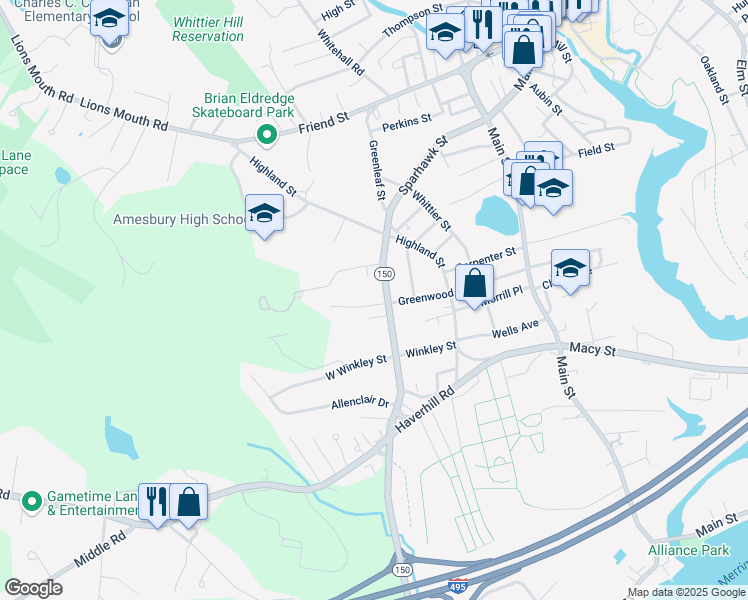 map of restaurants, bars, coffee shops, grocery stores, and more near 47 W Greenwood St in Amesbury