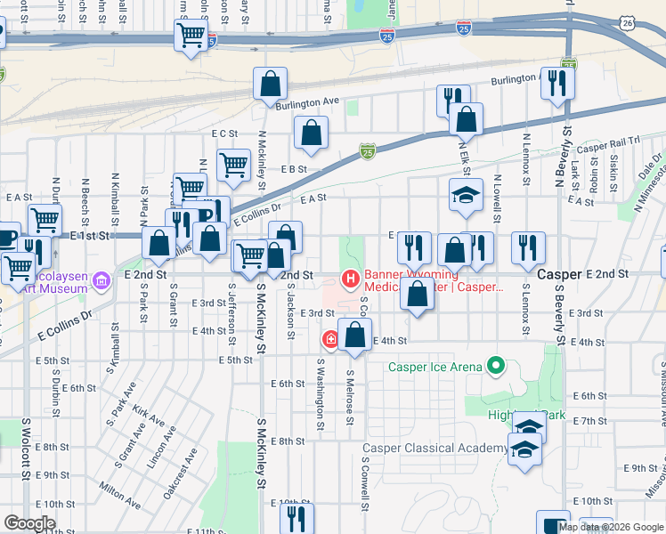 map of restaurants, bars, coffee shops, grocery stores, and more near 1216 East 2nd Street in Casper