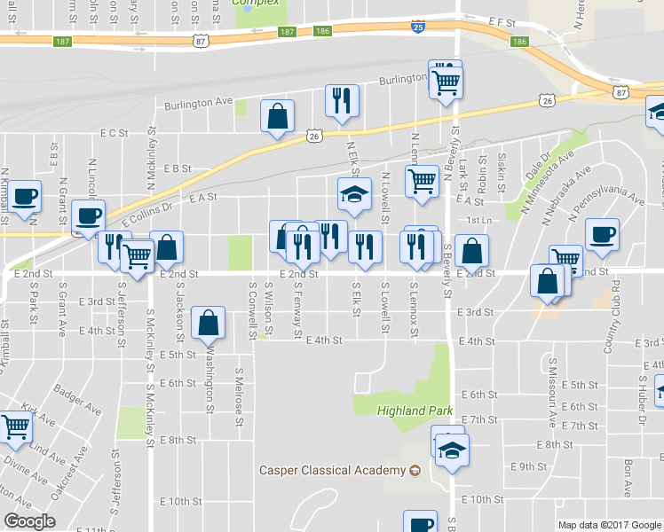 map of restaurants, bars, coffee shops, grocery stores, and more near 1600 East 2nd Street in Casper