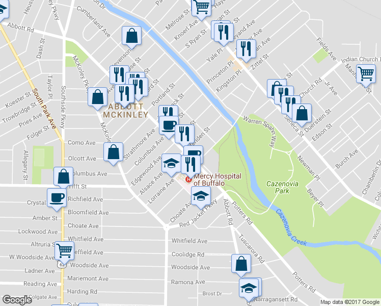 map of restaurants, bars, coffee shops, grocery stores, and more near 542 Abbott Road in Buffalo