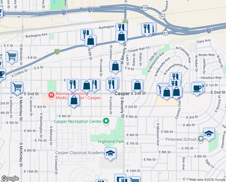 map of restaurants, bars, coffee shops, grocery stores, and more near 1906 East 2nd Street in Casper