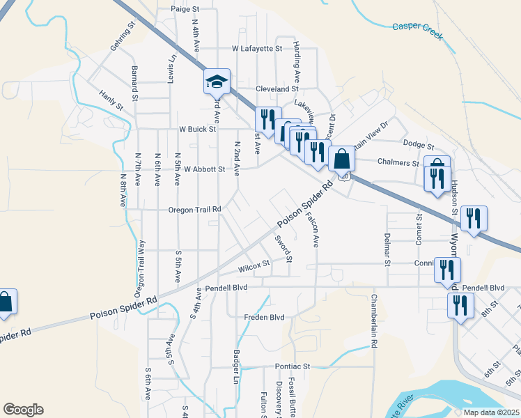 map of restaurants, bars, coffee shops, grocery stores, and more near 19 Eisenhower Street in Mills